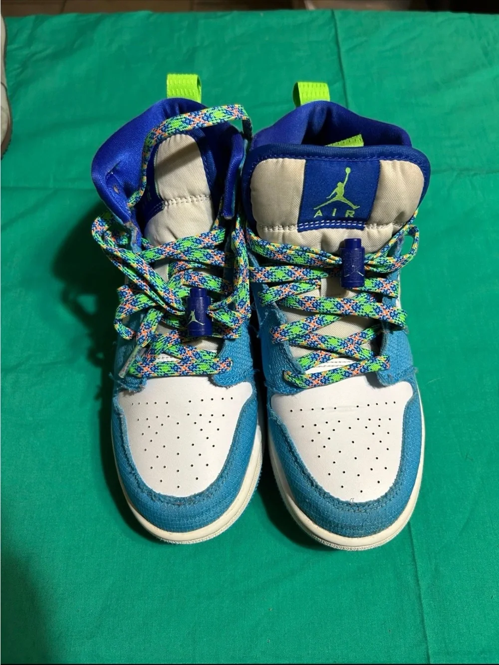 Jordan Kids Blue, White and Neon Green High-Top Sneakers